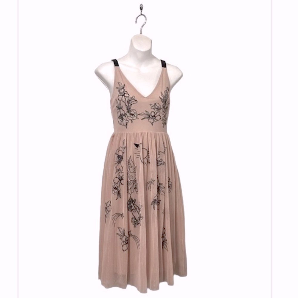 Express Floral Mesh Pink Nude & Black Sleeveless Corset Cocktail Midi Dress XS